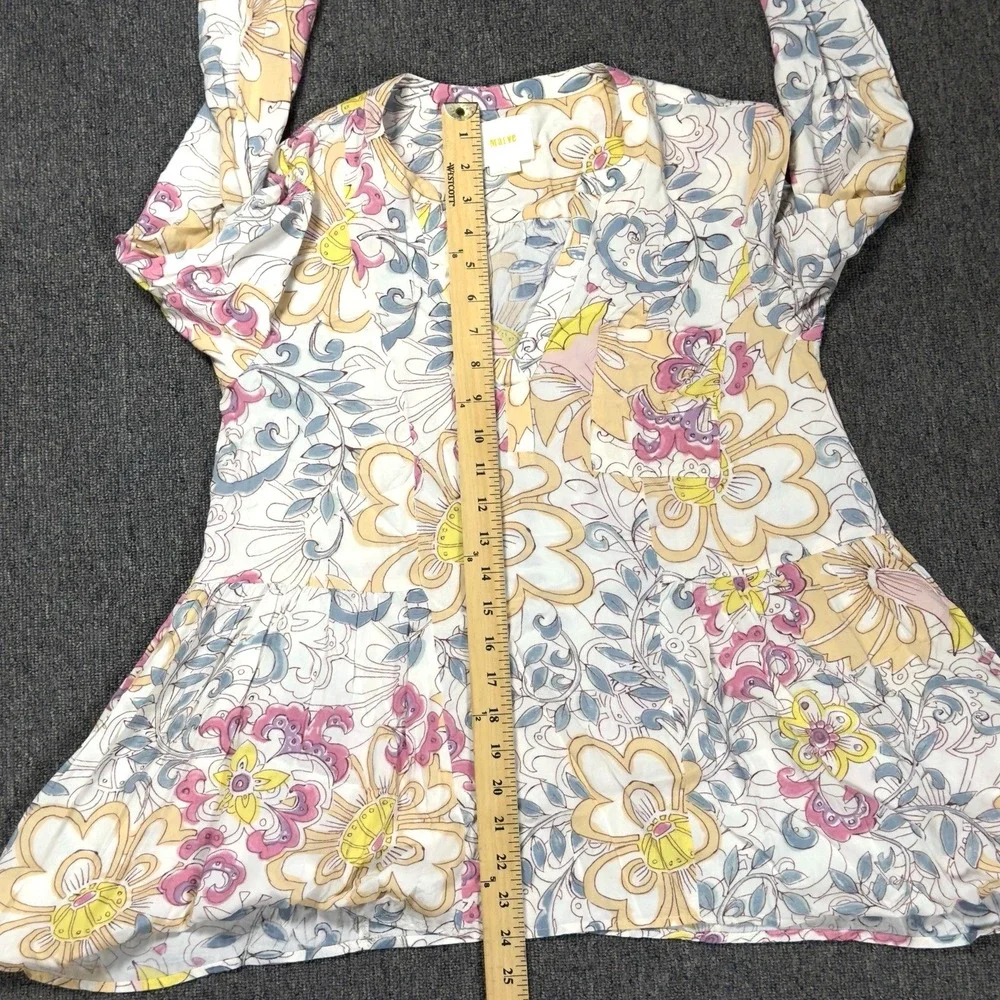Maeve By Anthropologie Long Sleeve Blouse Women Size 6 V Neck Ivory Floral‎ Boho